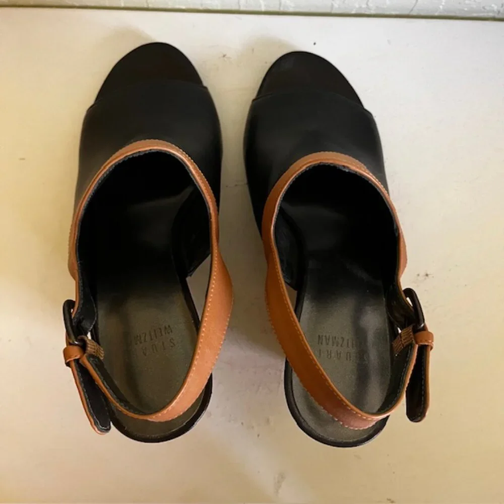 Stuart Weitzman Black and Tan Leather Wedge Sandals